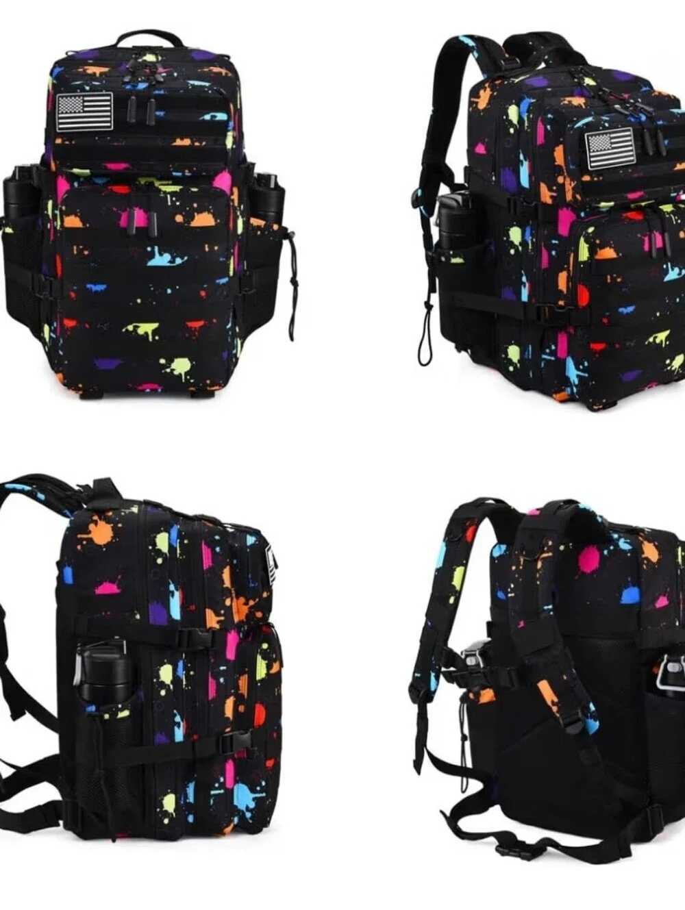 Tactical Backpack for Men - Black with Multicolor Paint Splatter